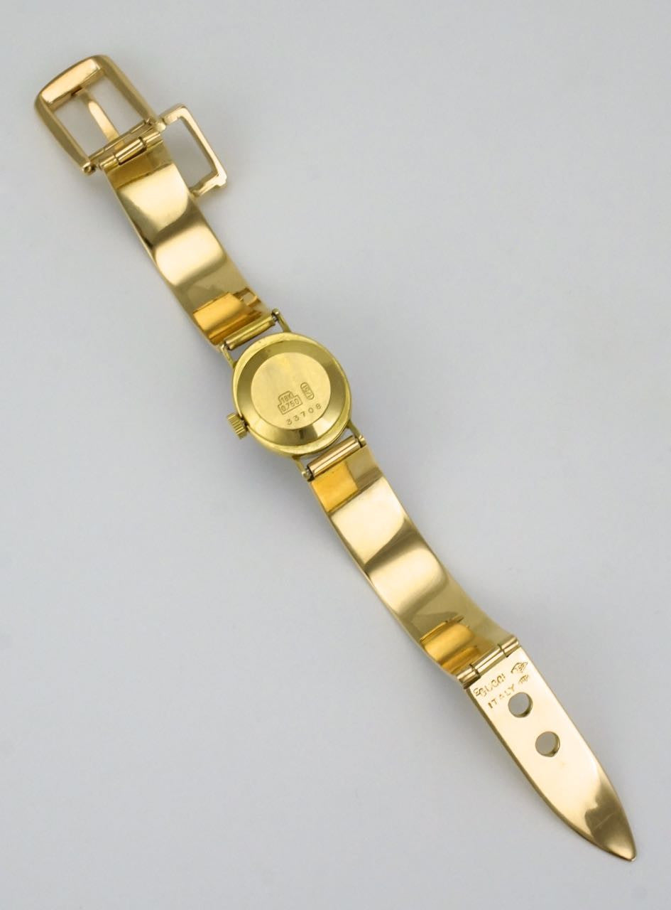Gucci 18k yellow gold and blue enamel belt buckle bracelet watch