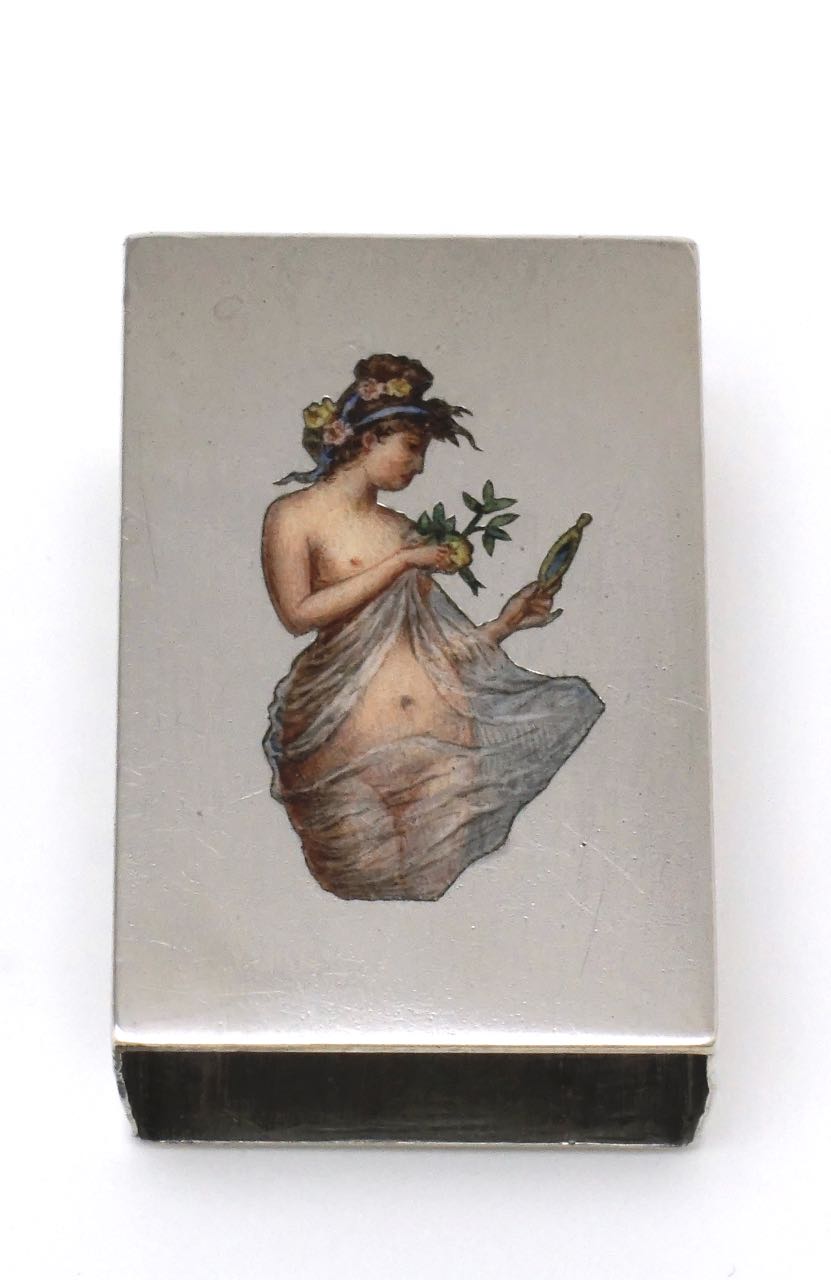 Antique solid silver and enamel erotic match box cover