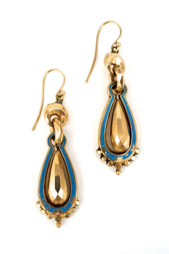 Antique Victorian 9k yellow gold and blue enamel drop earrings