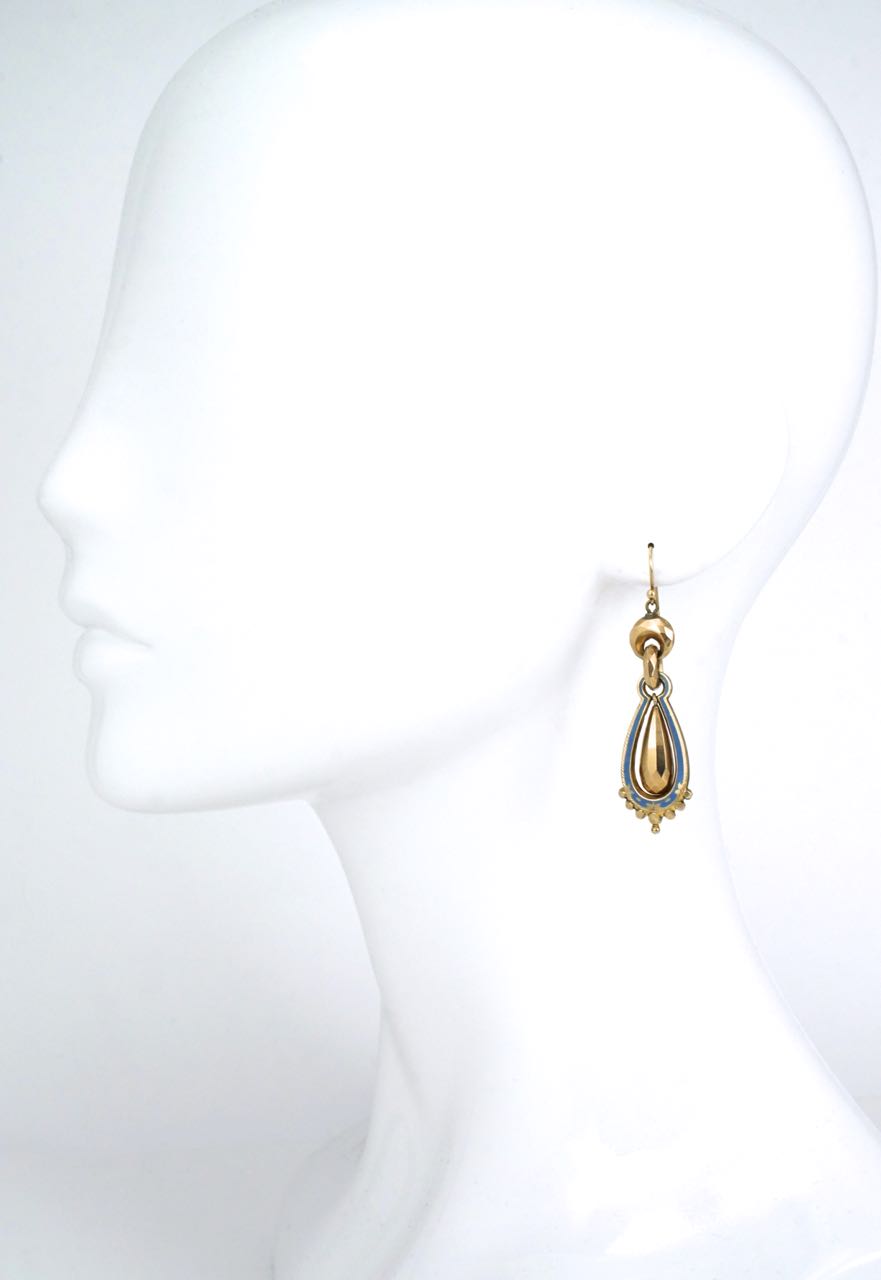 Antique Victorian 9k yellow gold and blue enamel drop earrings