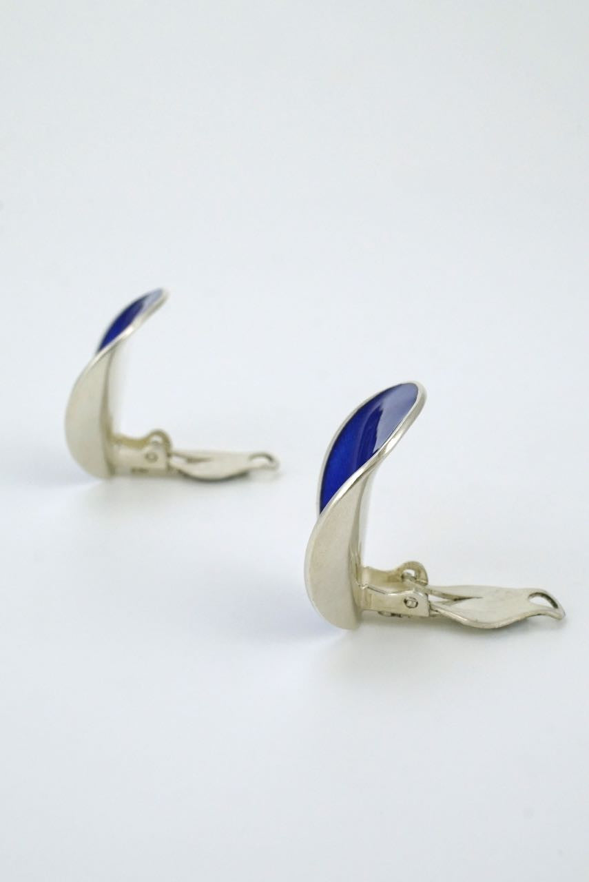 Norwegian silver and blue enamel clip earrings 1960s