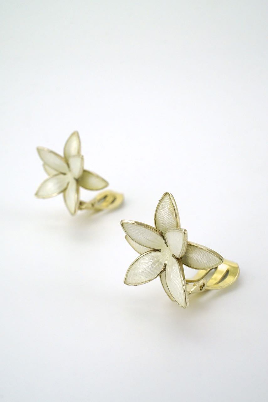 Norwegian silver and white enamel flower clip earrings 1950s