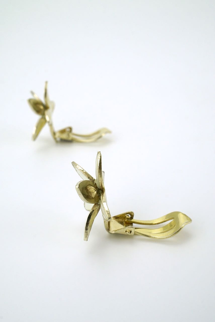 Norwegian silver and white enamel flower clip earrings 1950s