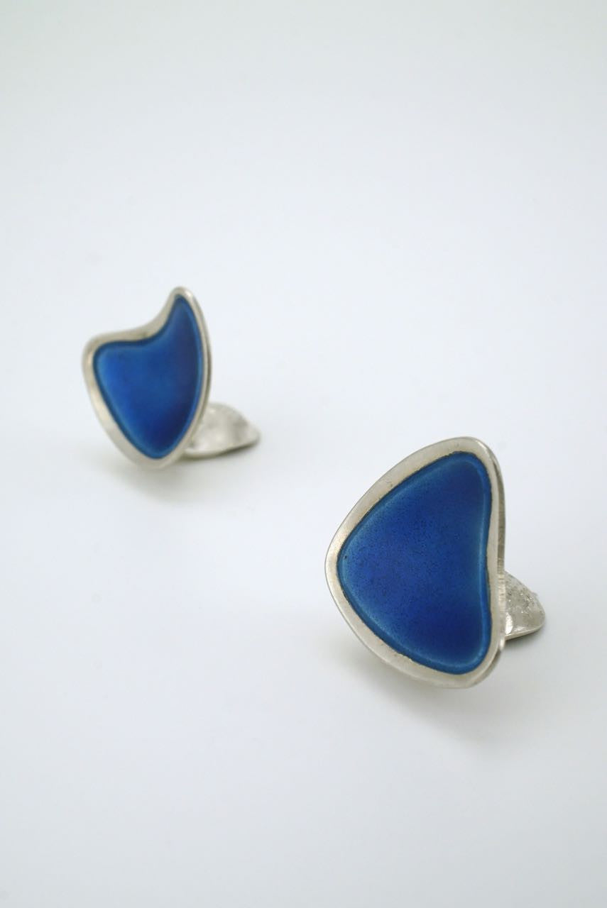 Vintage Swedish silver and blue enamel triangular clip earrings 1950s