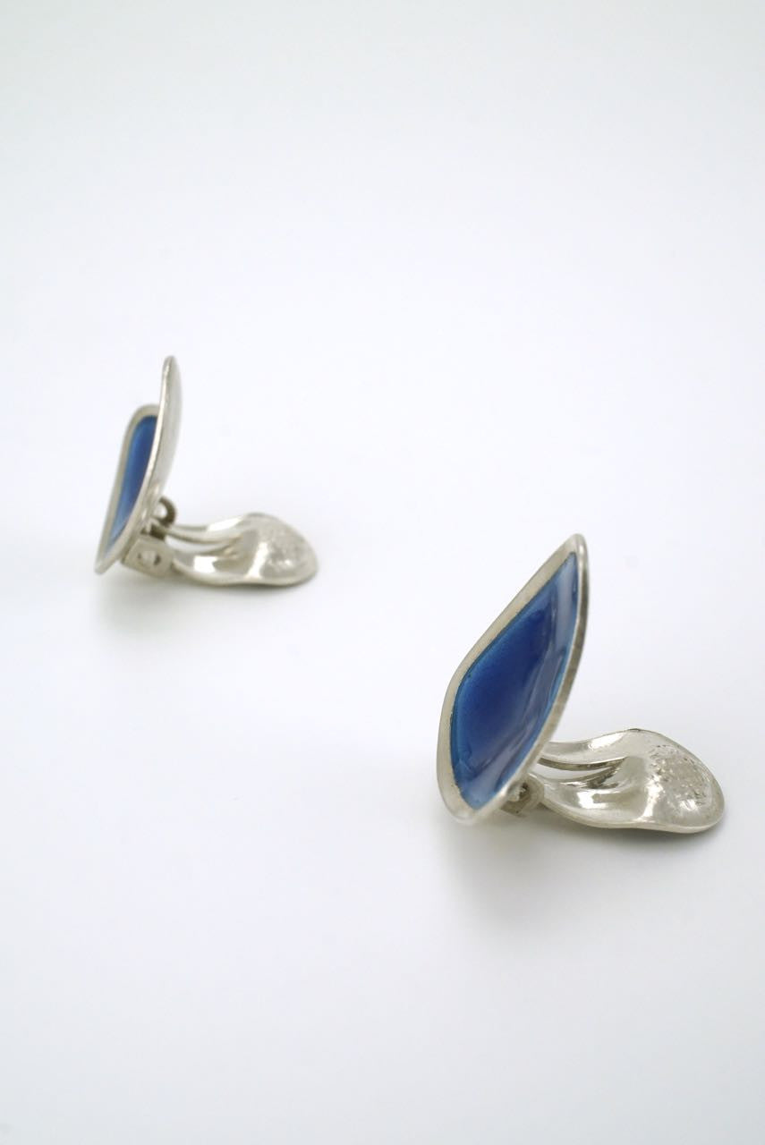 Vintage Swedish silver and blue enamel triangular clip earrings 1950s