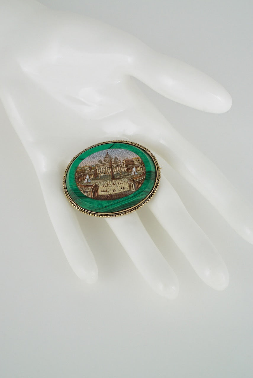 Antique Victorian 14k Yellow Gold and Malachite Micro Mosaic Brooch