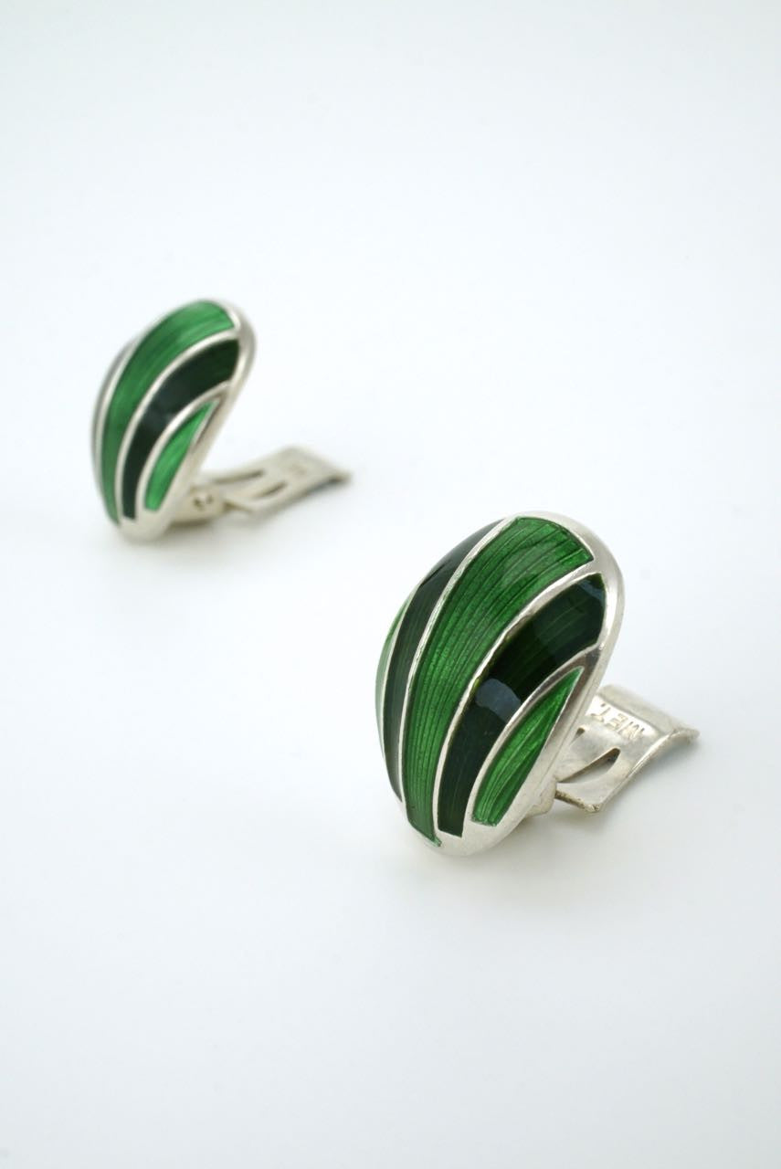 Vintage David Andersen Silver and Green Enamel Clip Earrings 1960s