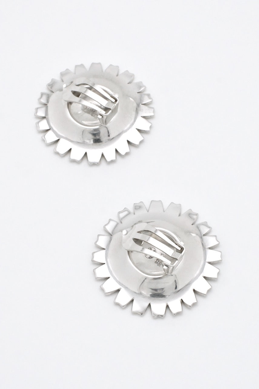 Vintage Georg Jensen Large Sterling Silver White Enamel Daisy Clip Earrings