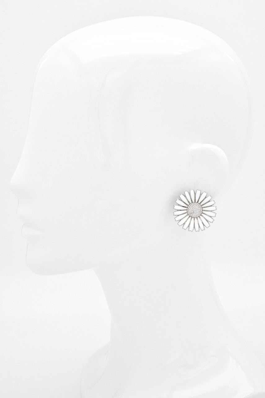 Vintage Georg Jensen Large Sterling Silver White Enamel Daisy Clip Earrings