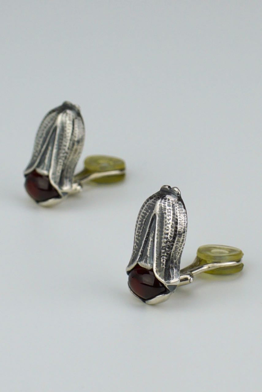 Vintage Georg Jensen Silver Garnet Flower Clip Earrings - Year 2007