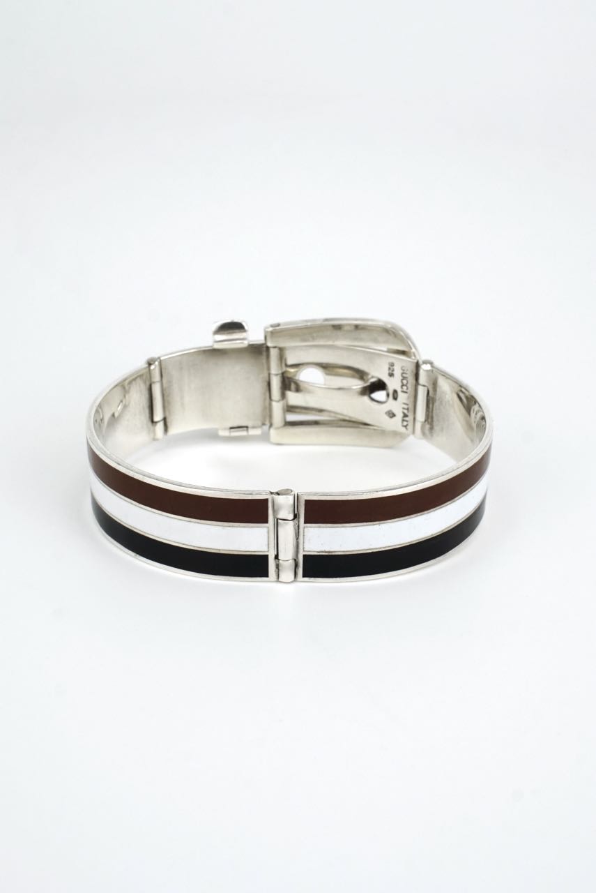 Vintage Gucci Silver and Striped Enamel Belt Buckle Bracelet 1960s