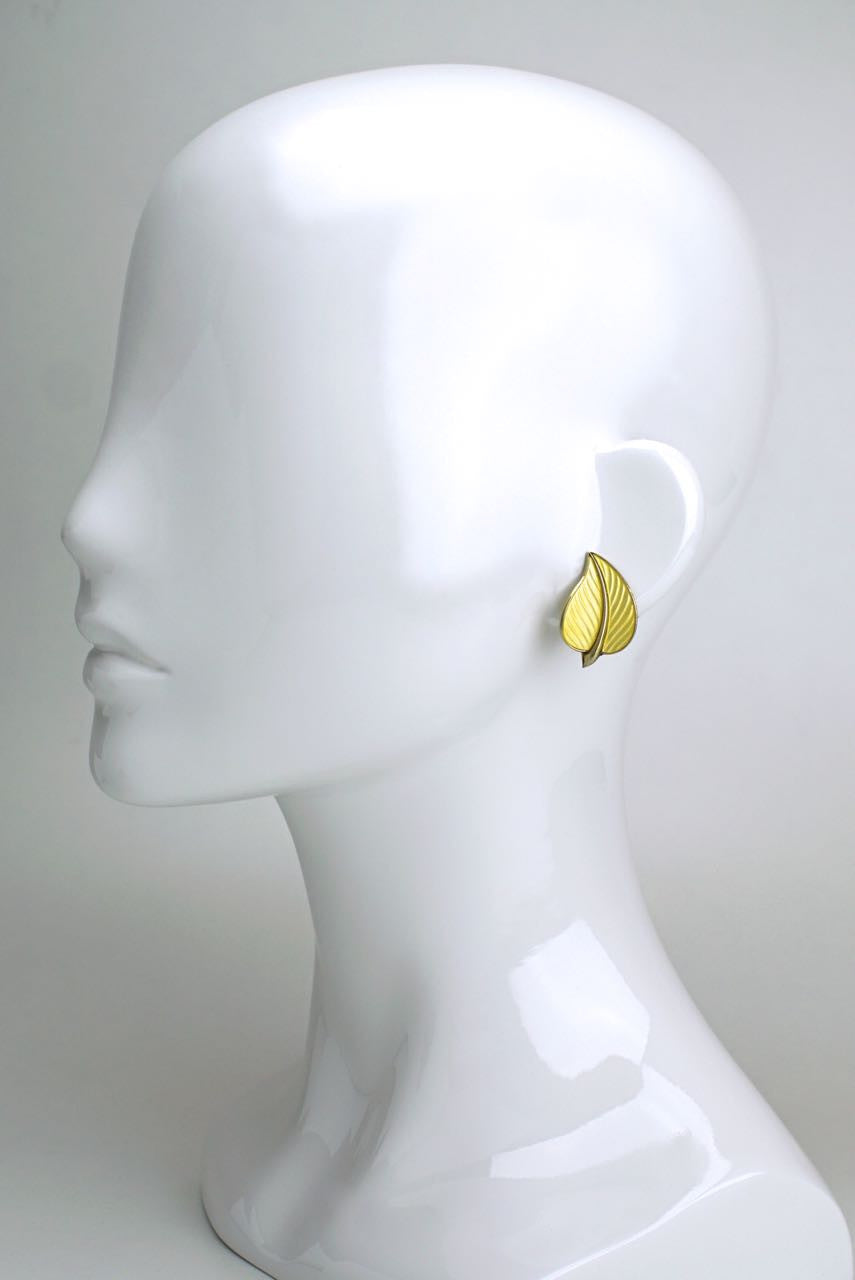 Norwegian silver and yellow enamel leaf clip earrings