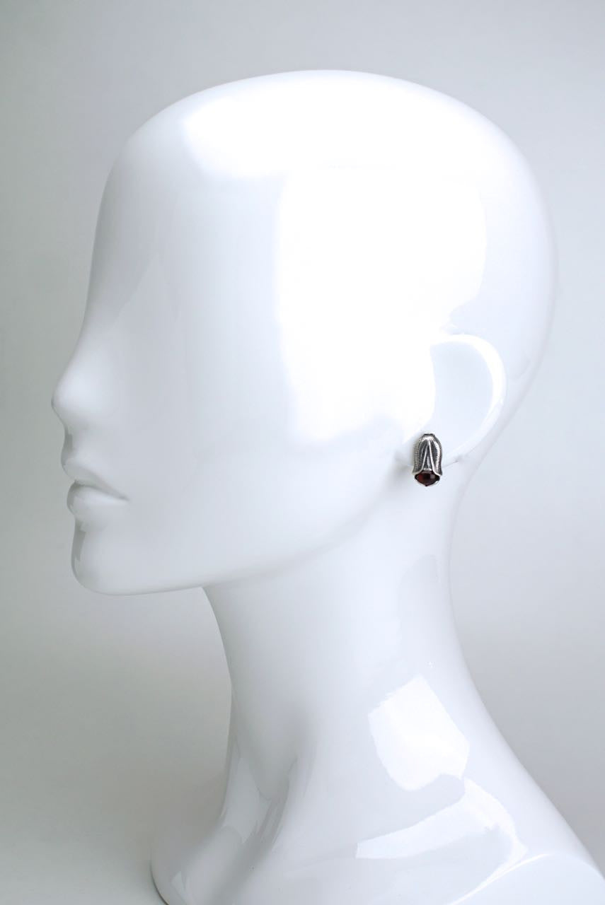Vintage Georg Jensen Silver Garnet Flower Clip Earrings - Year 2007