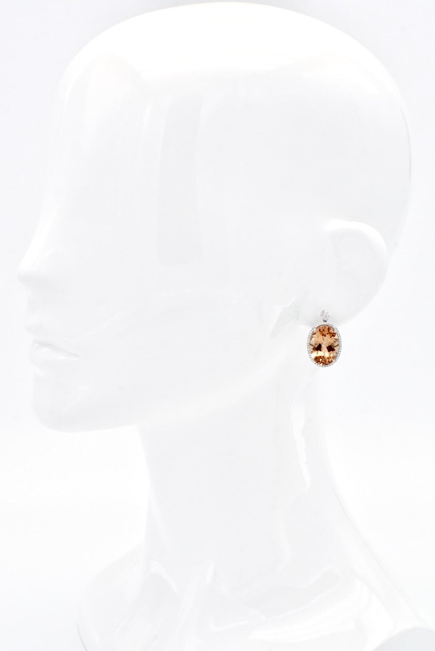 Vintage 18k White Gold Oval Peach Morganite Diamond Drop Earrings