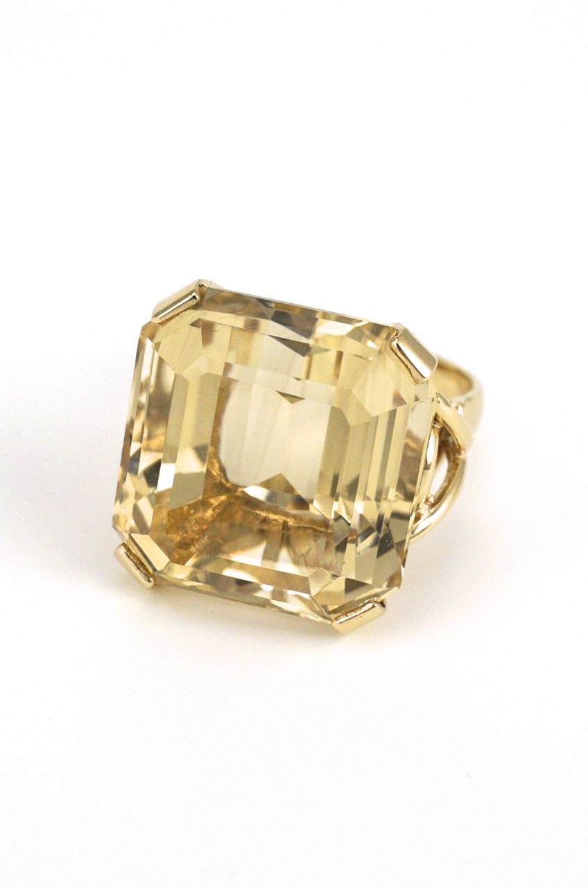 9k yellow gold smoky quartz square cocktail ring 1960s