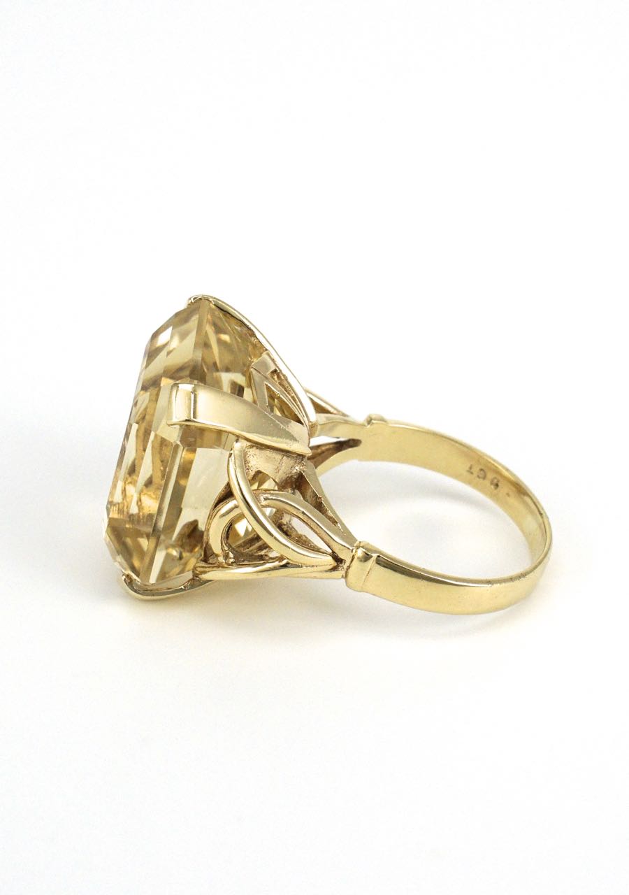 9k yellow gold smoky quartz square cocktail ring 1960s