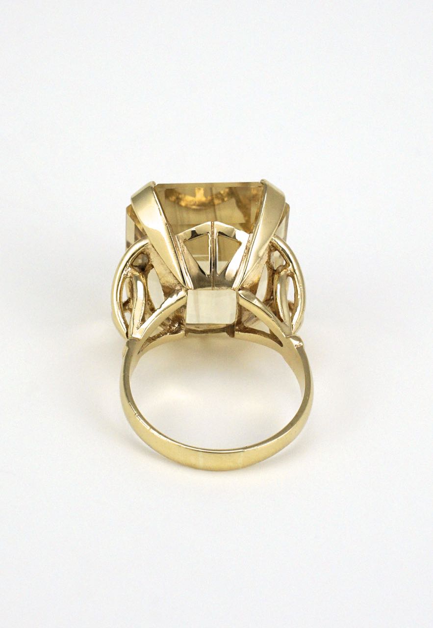 9k yellow gold smoky quartz square cocktail ring 1960s