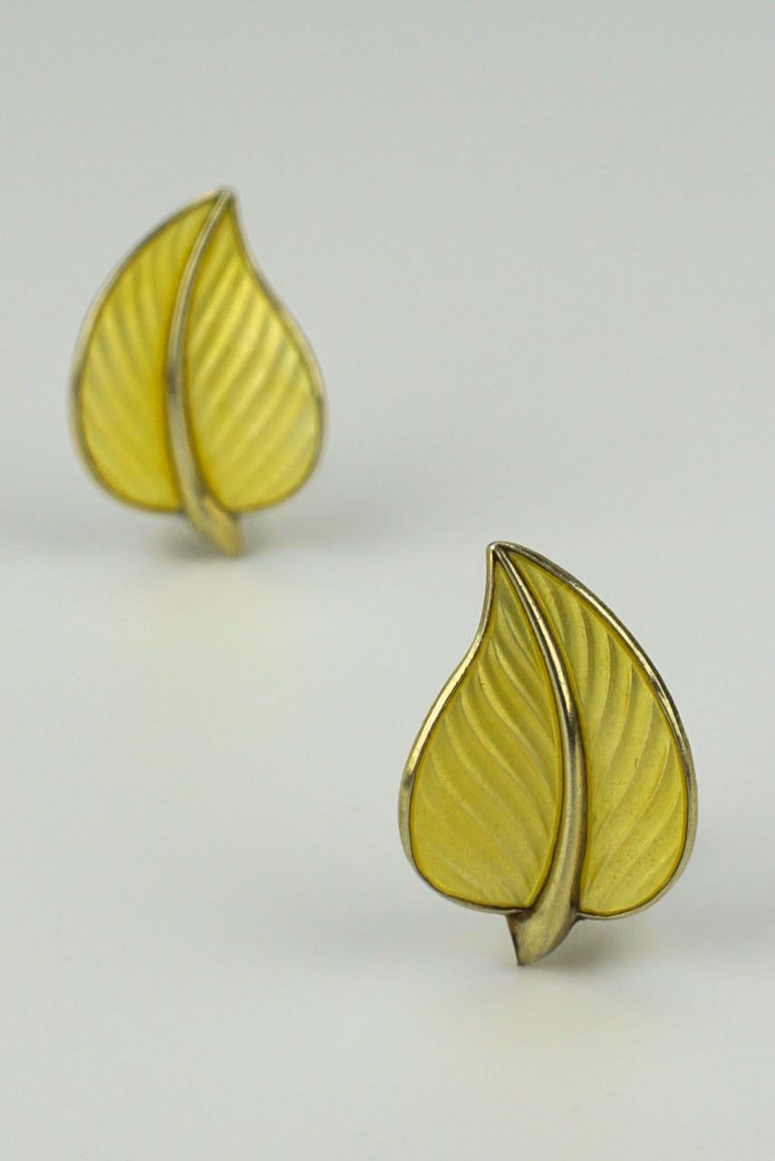 Norwegian silver and yellow enamel leaf clip earrings