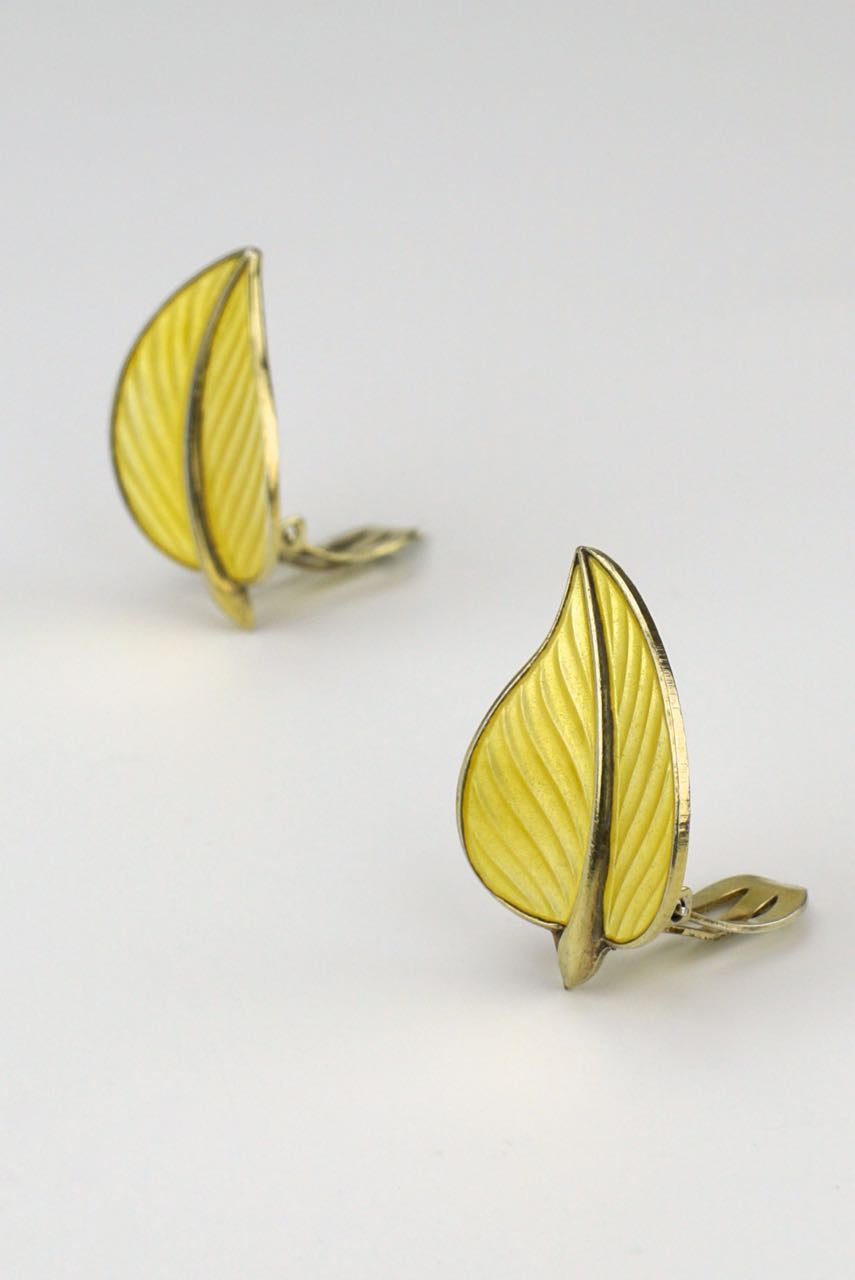 Norwegian silver and yellow enamel leaf clip earrings