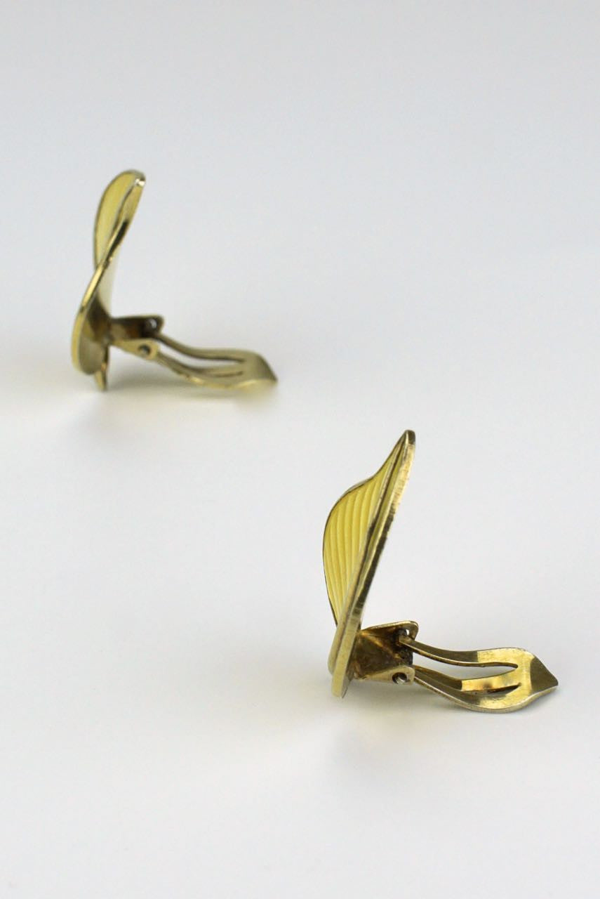 Norwegian silver and yellow enamel leaf clip earrings