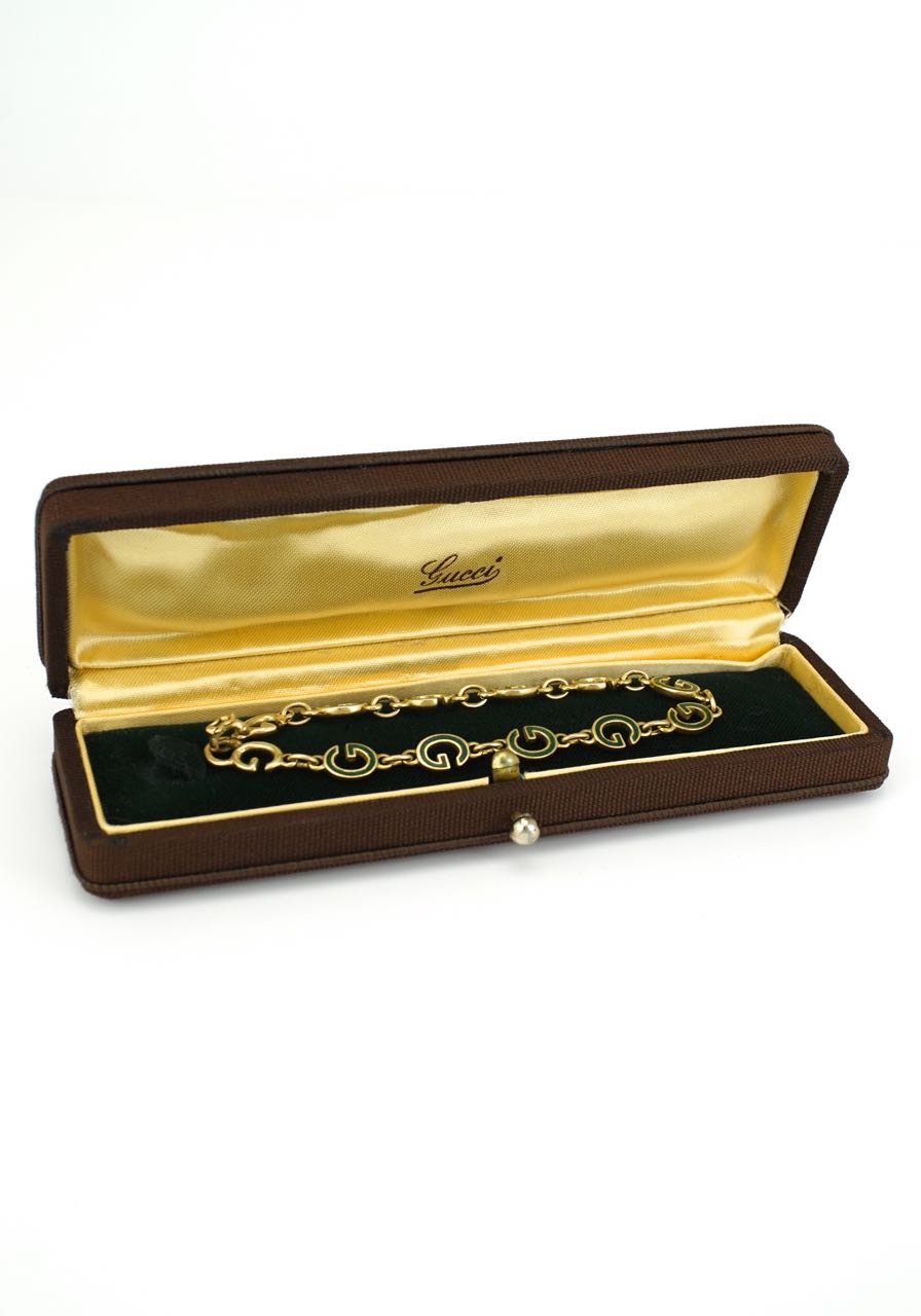 Vintage Gucci 18k Gold and Green Enamel G Bracelet 1960s