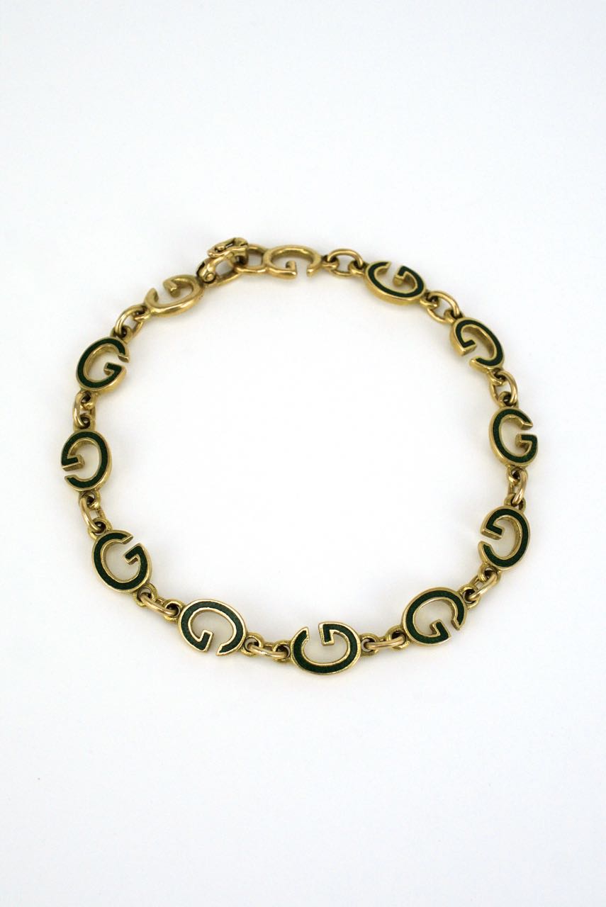 Vintage Gucci 18k Gold and Green Enamel G Bracelet 1960s