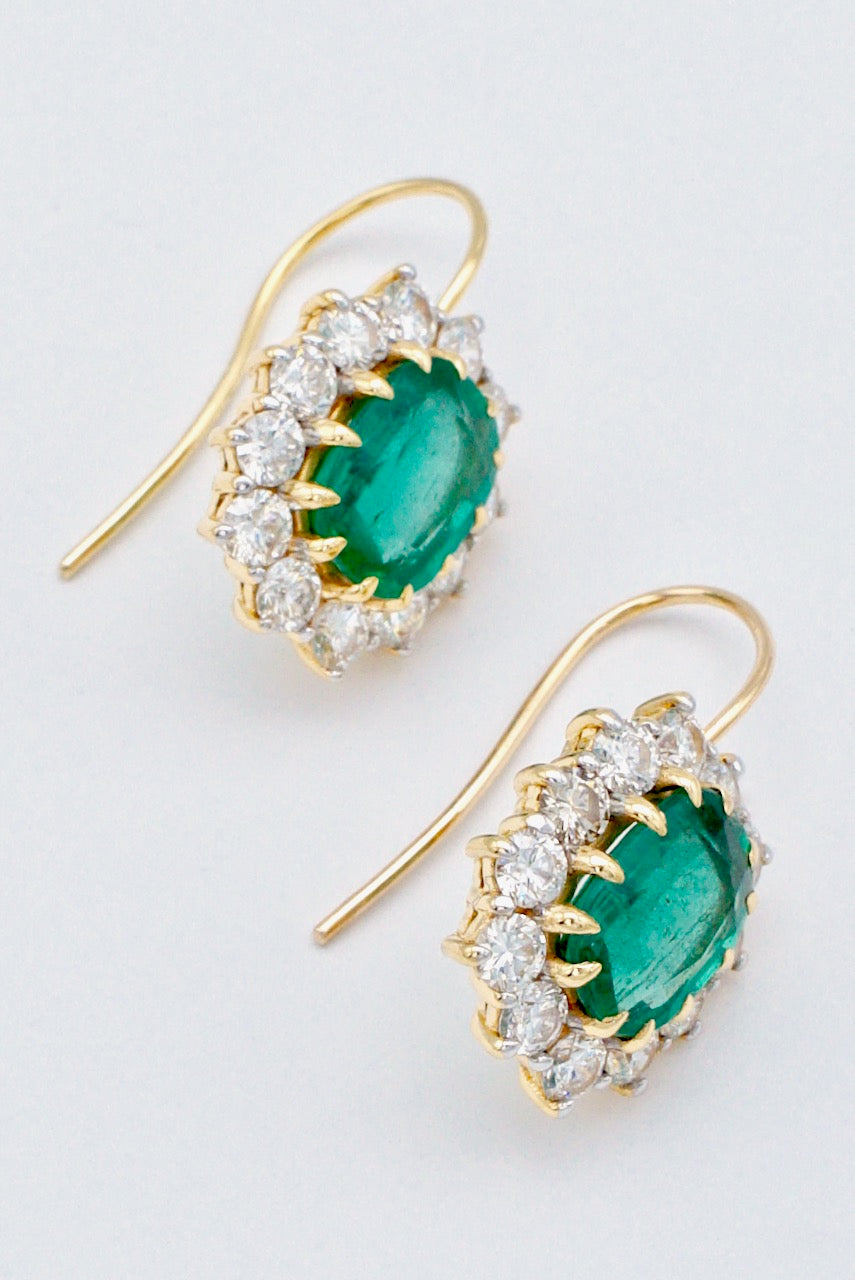 Vintage 18k Yellow Gold Emerald and Diamond Drop Earrings