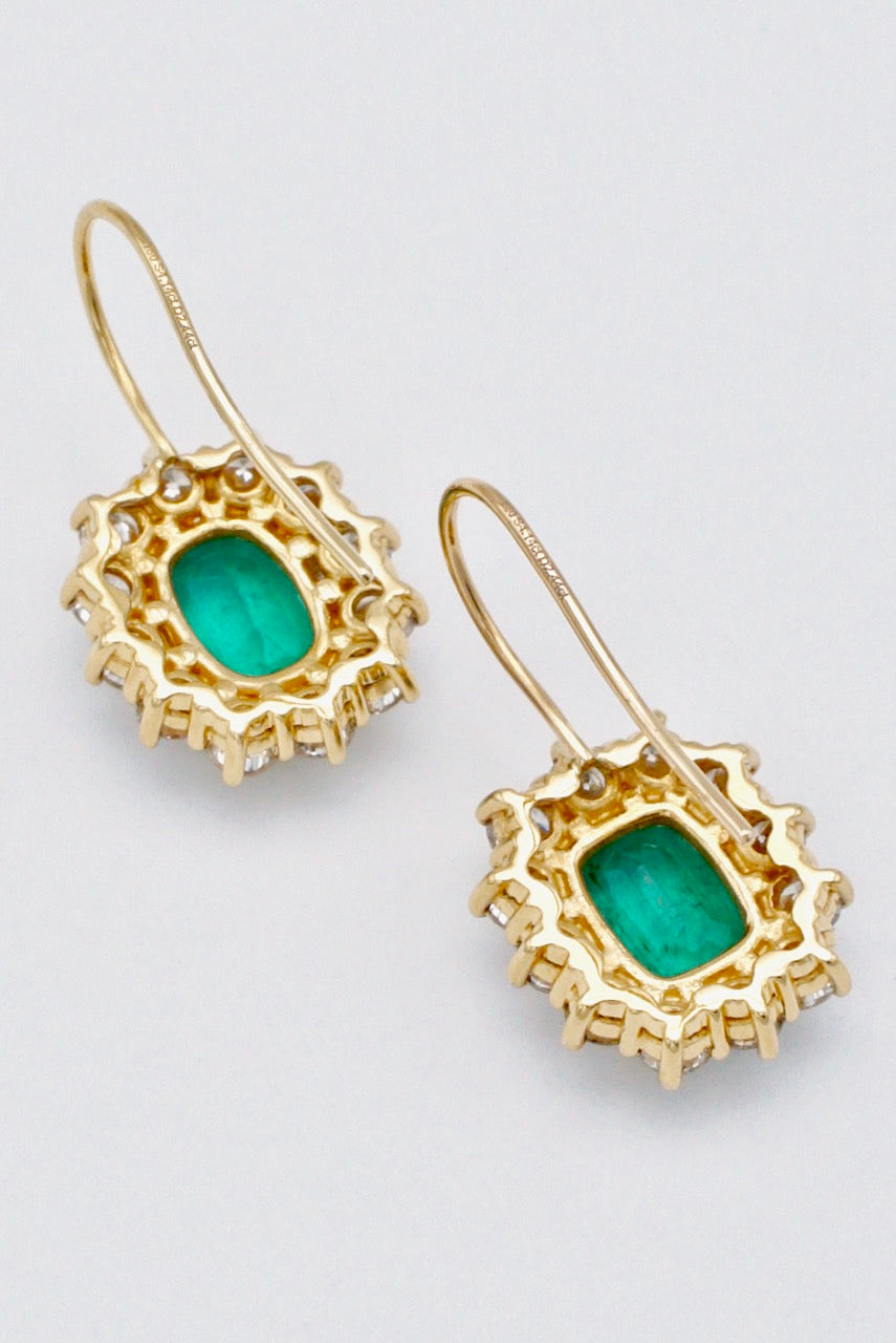 Vintage 18k Yellow Gold Emerald and Diamond Drop Earrings