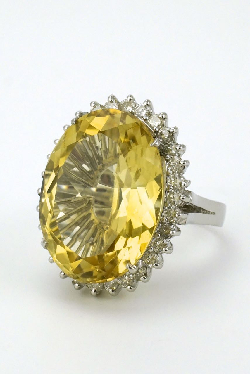 14k white gold diamond and lemon quartz oval ring - 1970s