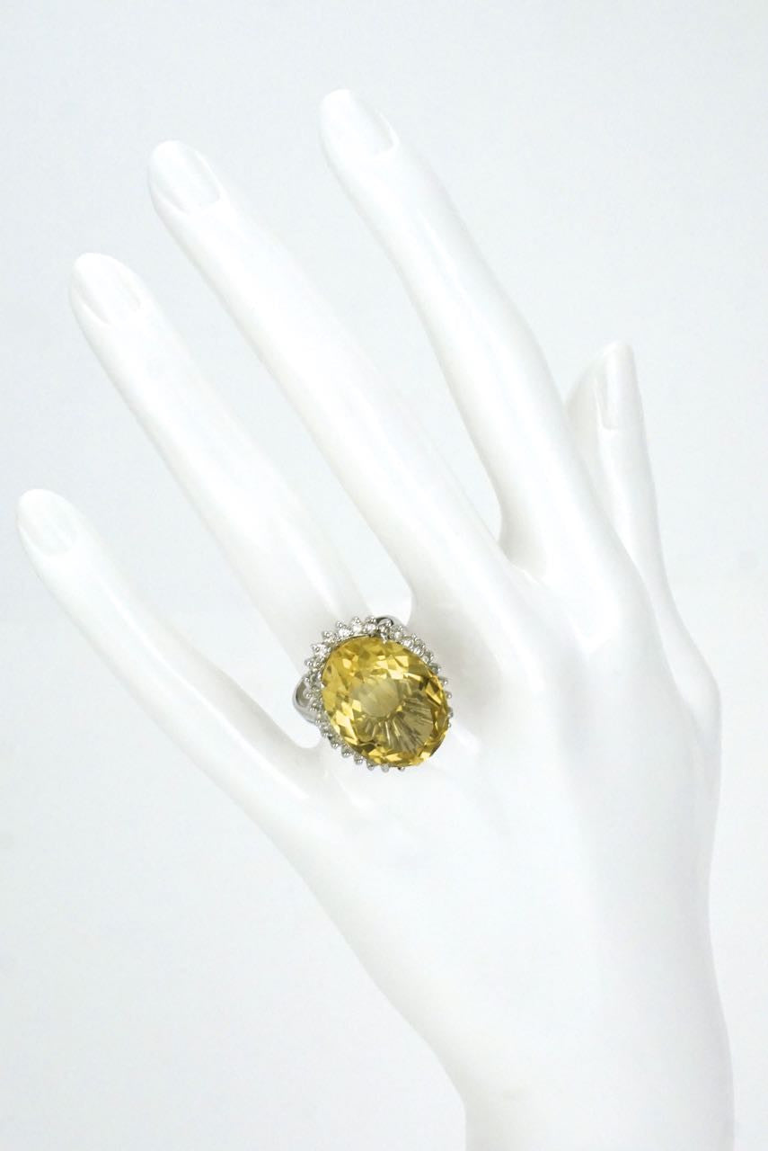 14k white gold diamond and lemon quartz oval ring - 1970s