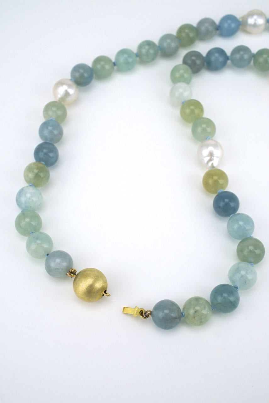 Pearl and Aquamarine Long Bead Necklace