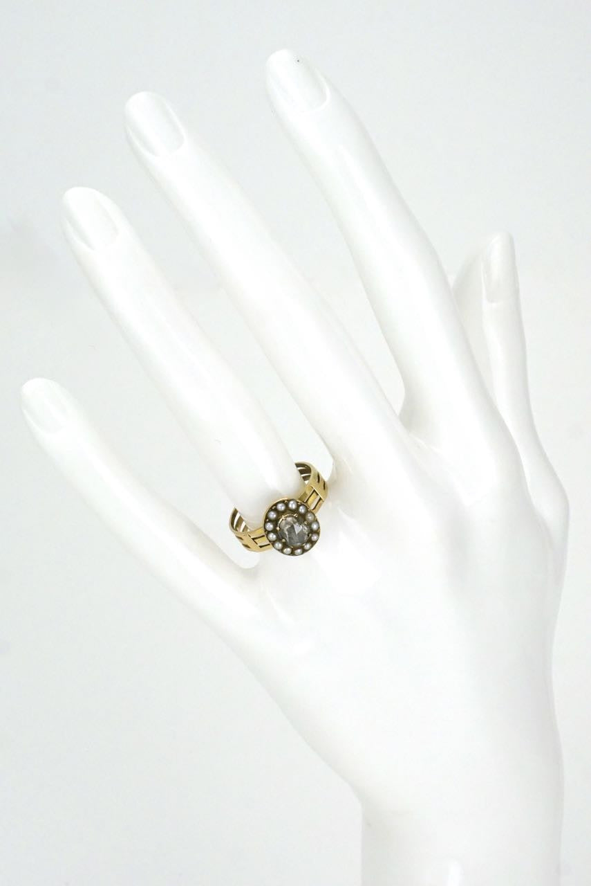 Antique Georgian 15k Yellow Gold Diamond Pearl Ring - 1820s