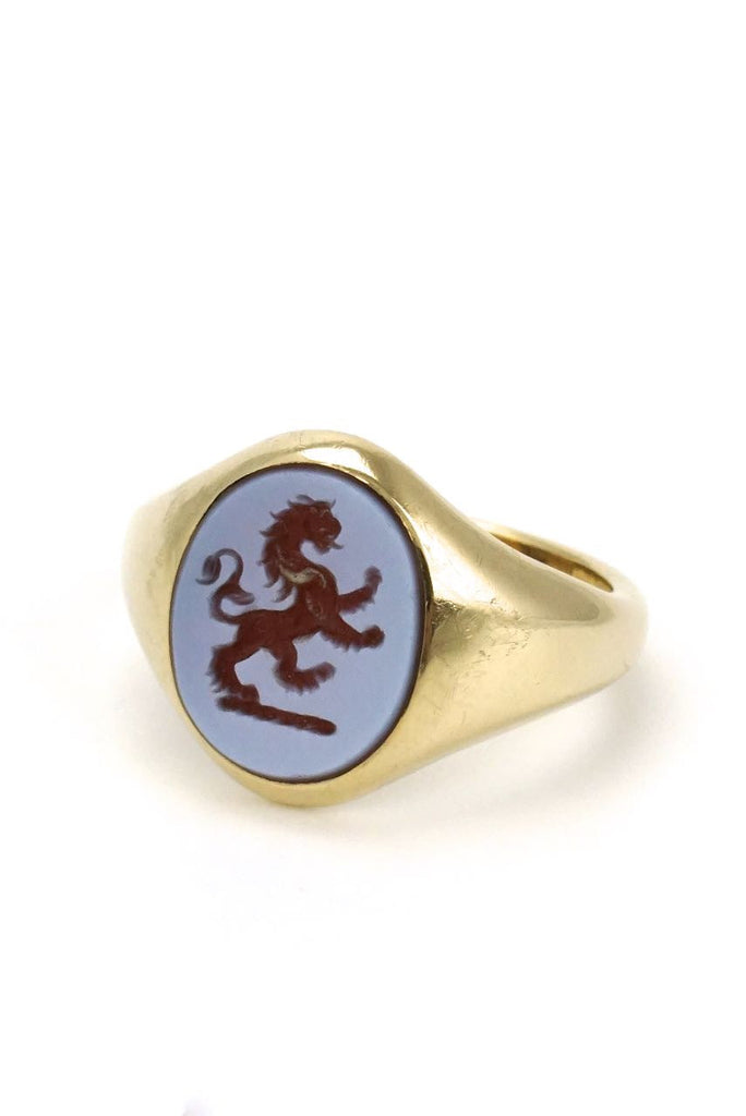 9k yellow gold lion intaglio carnelian signet ring - 1980s