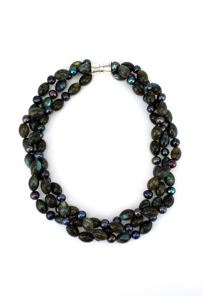 Labradorite Oval Bead and Black Pearl 3 Strand Necklace