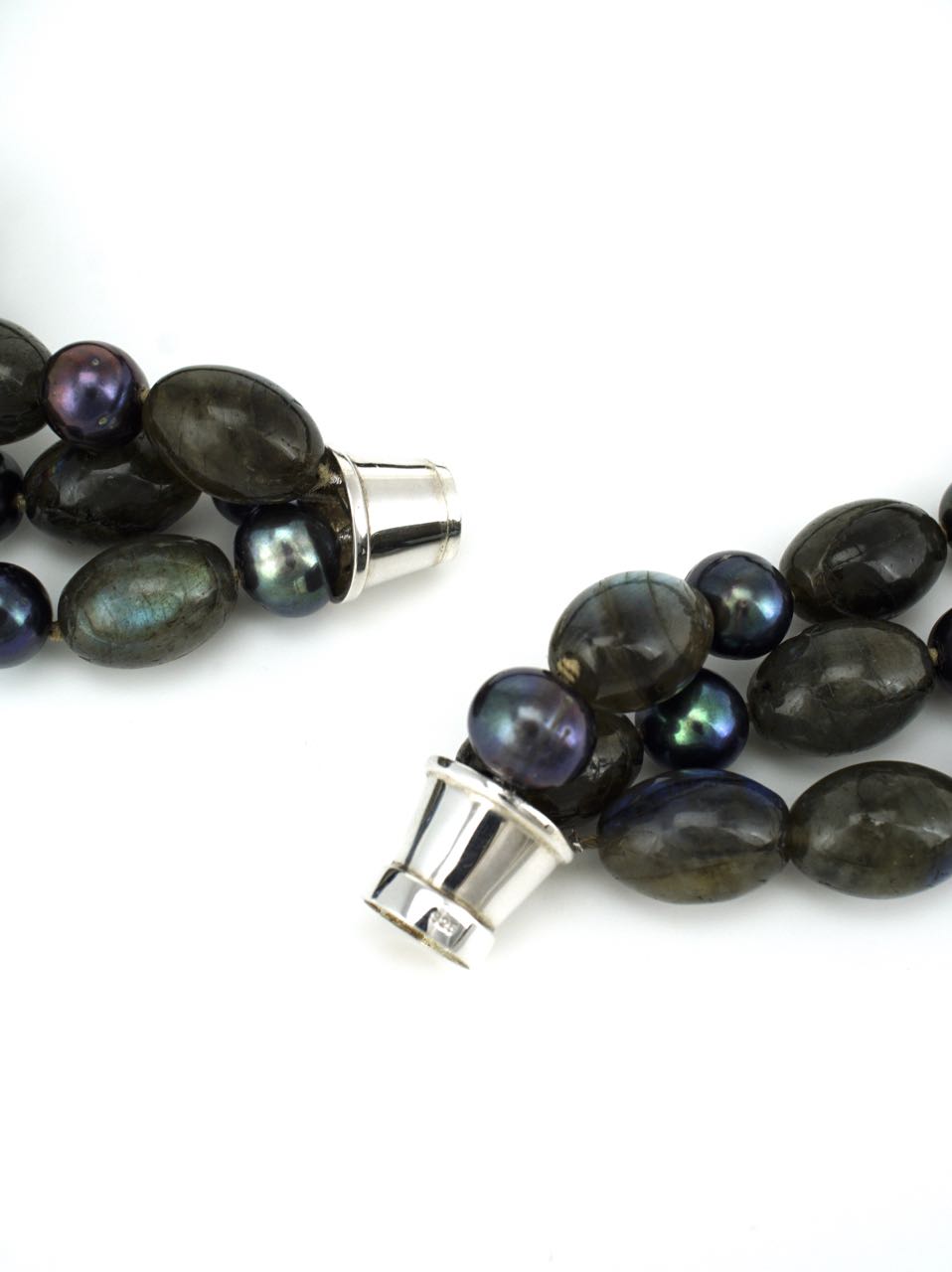Labradorite Oval Bead and Black Pearl 3 Strand Necklace