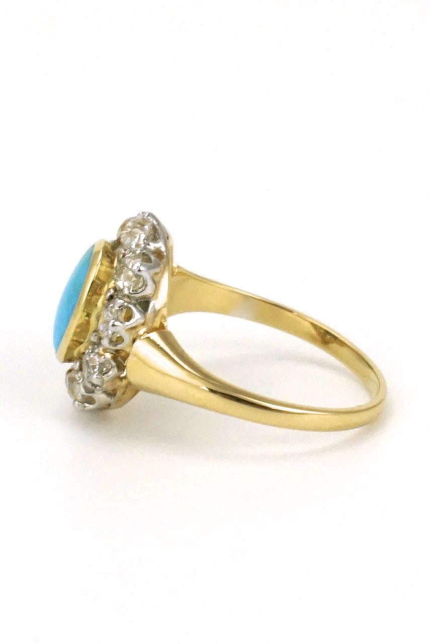 Antique 18k Yellow Gold Turquoise and Diamond Ring