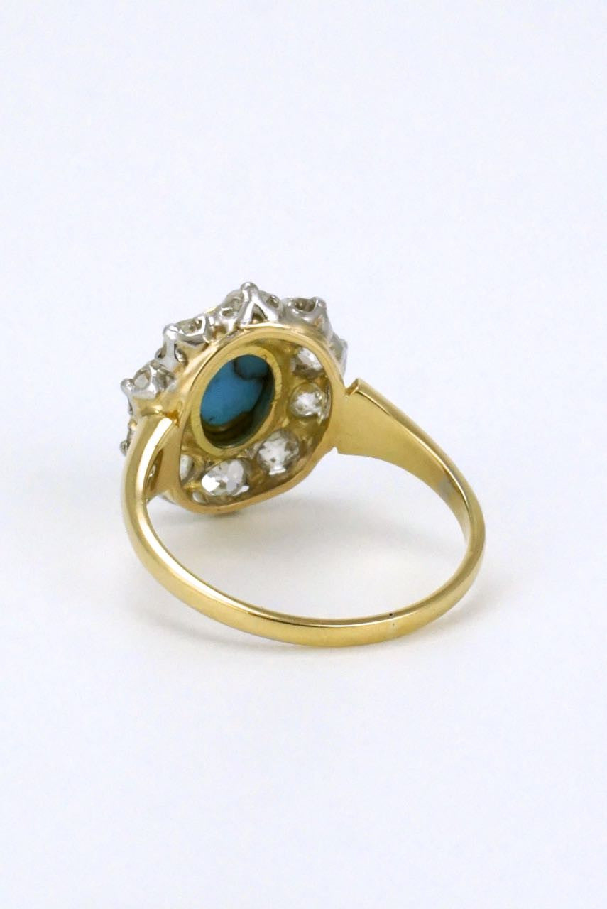 Antique 18k Yellow Gold Turquoise and Diamond Ring