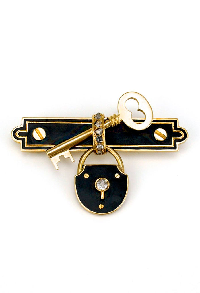 Antique gold diamond and black enamel key brooch
