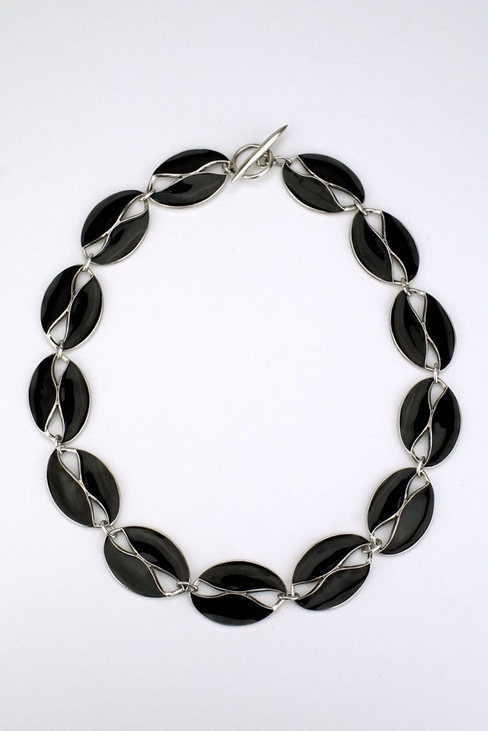 Danish silver and black enamel leaf necklace 1960s