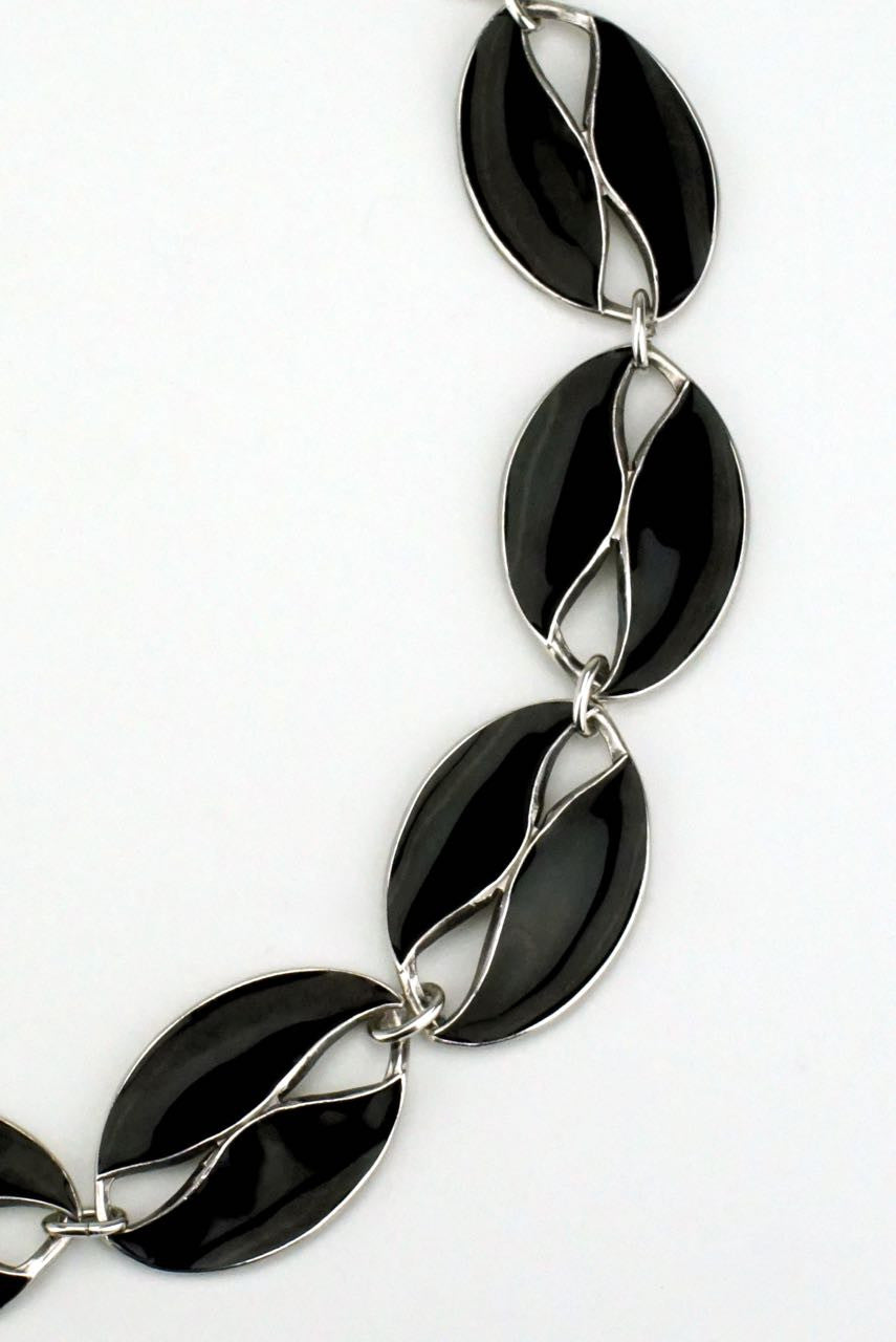 Danish silver and black enamel leaf necklace 1960s