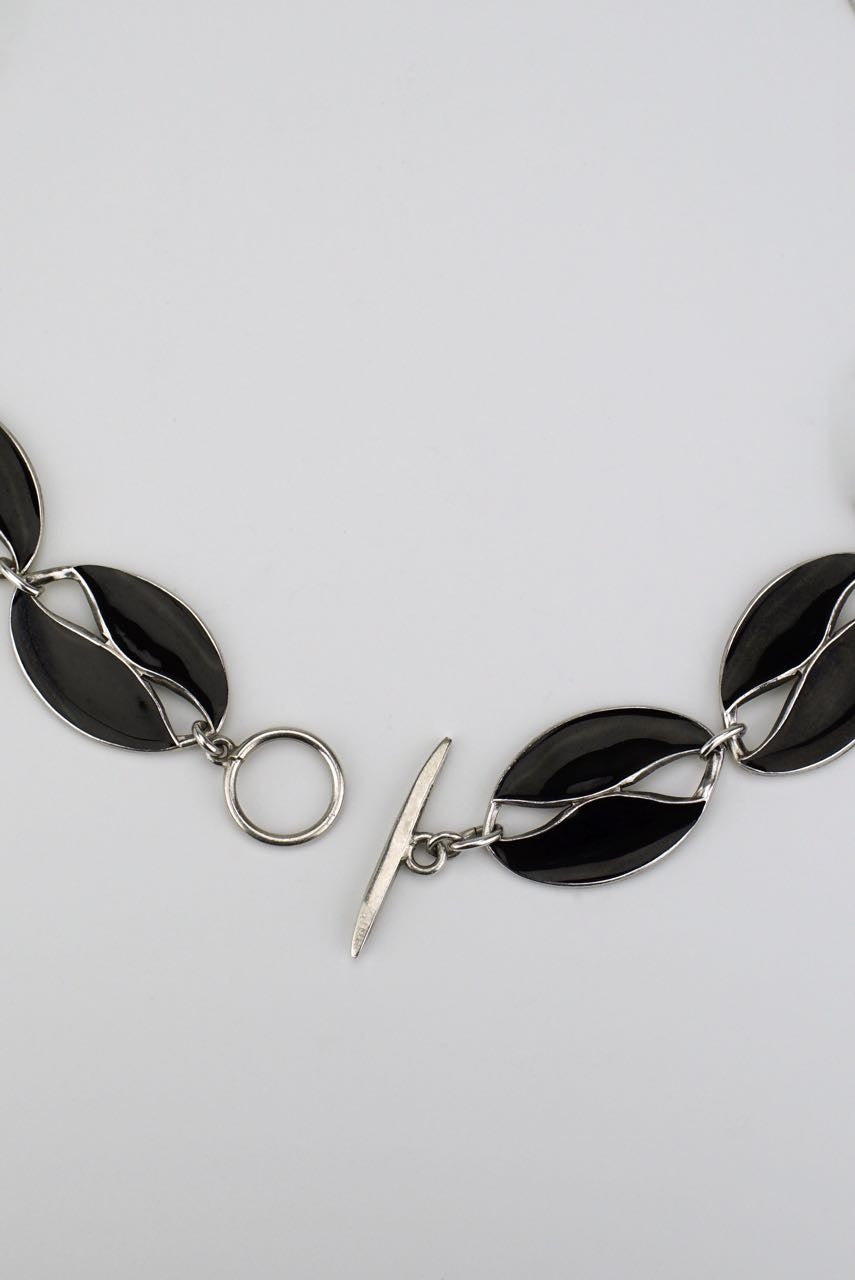 Danish silver and black enamel leaf necklace 1960s