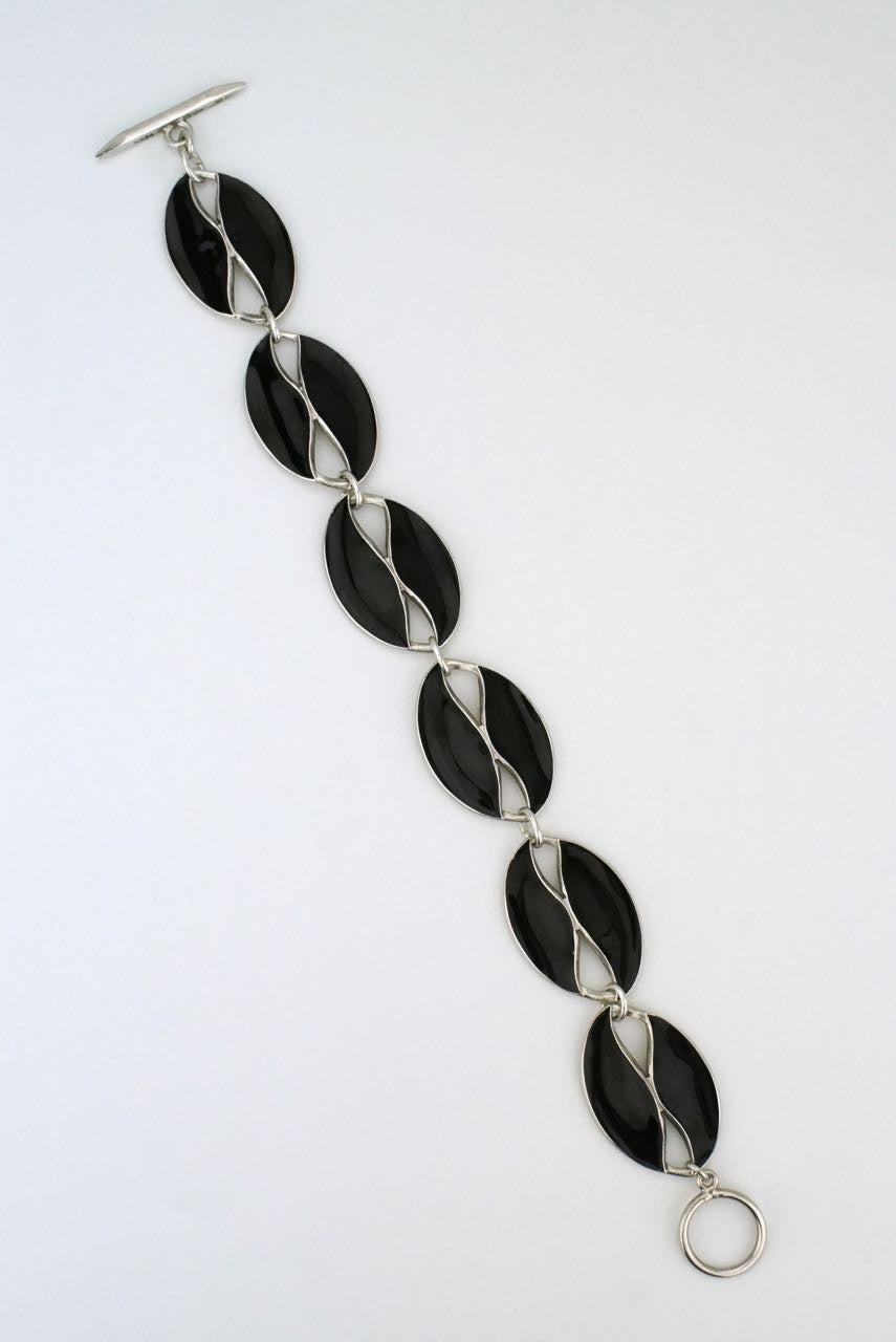 Vintage Danish Silver and Black Enamel Leaf Bracelet