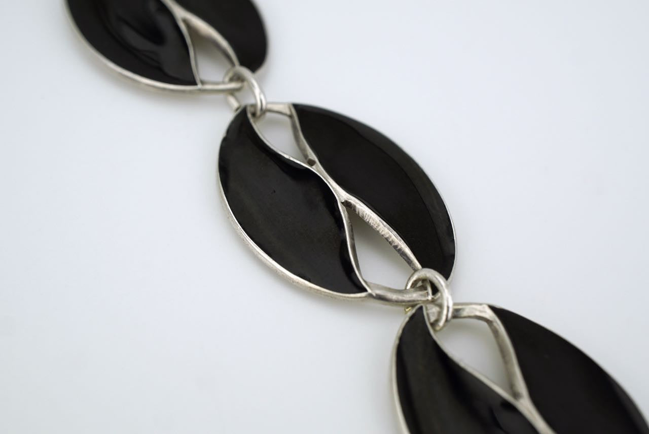 Vintage Danish Silver and Black Enamel Leaf Bracelet