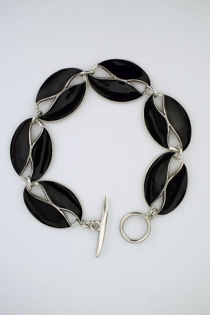 Vintage Danish Silver and Black Enamel Leaf Bracelet