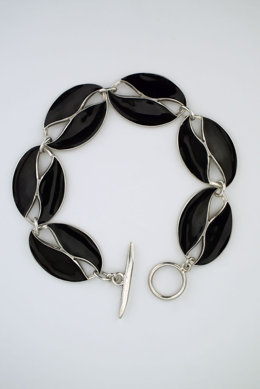 Vintage Danish Silver and Black Enamel Leaf Bracelet