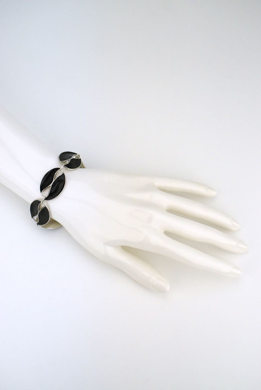 Vintage Danish Silver and Black Enamel Leaf Bracelet