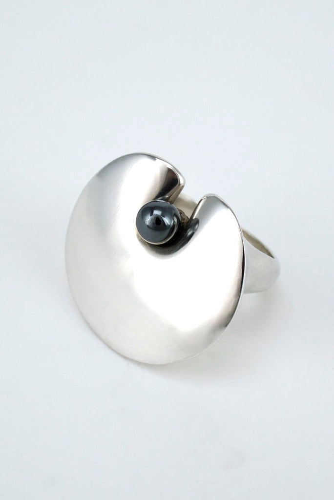 Georg Jensen silver lily pad and hematite bead ring - design 351