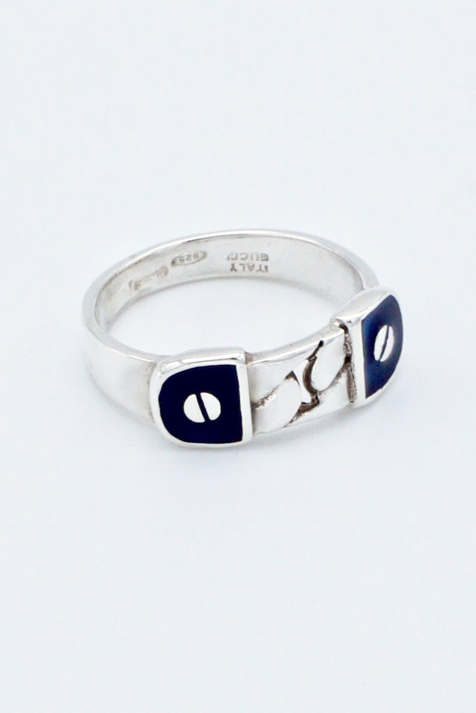 Vintage Gucci Sterling Silver Enamel Chain Panel Ring
