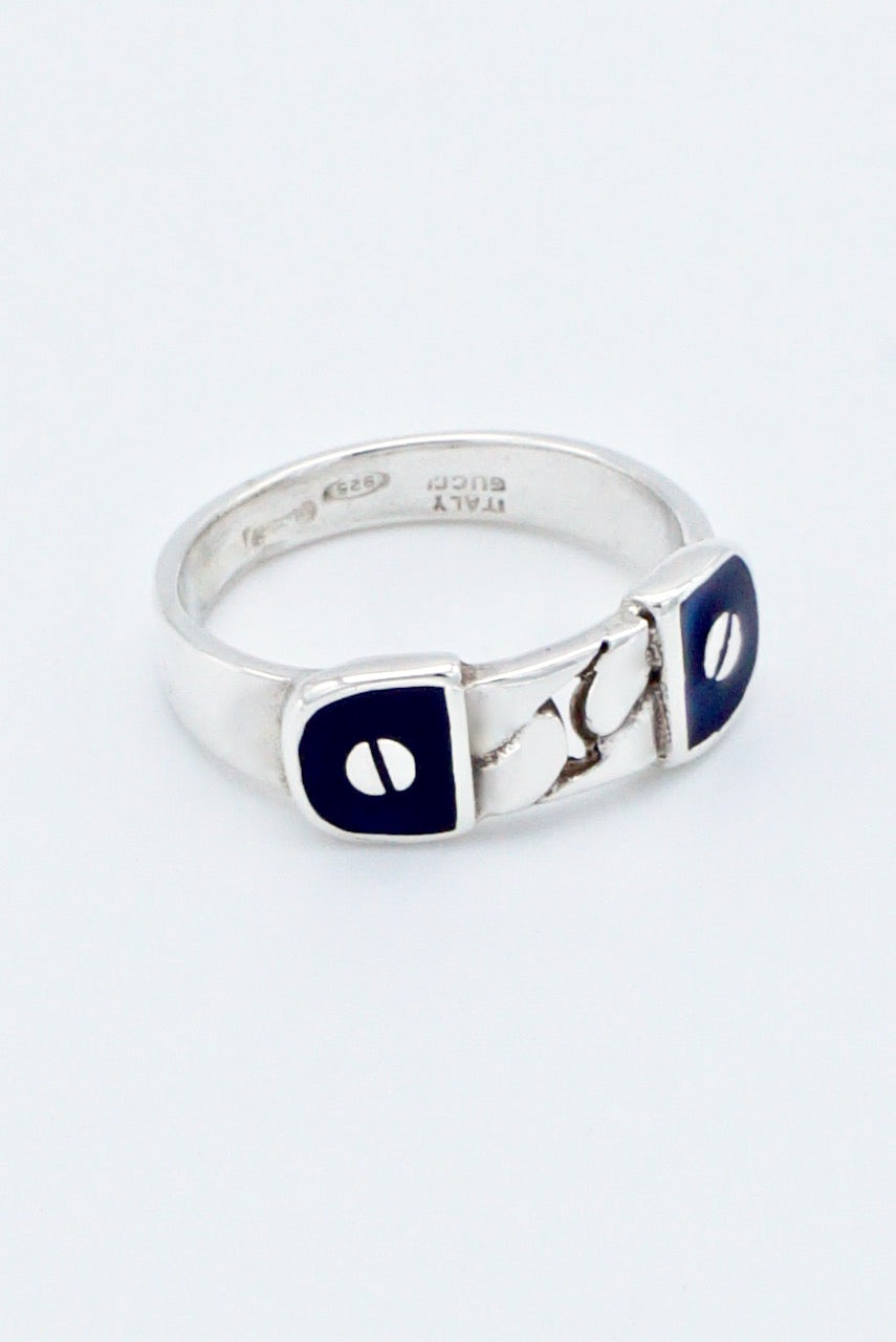 Vintage Gucci Sterling Silver Enamel Chain Panel Ring