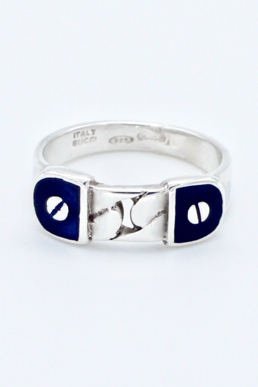 Vintage Gucci Sterling Silver Enamel Chain Panel Ring